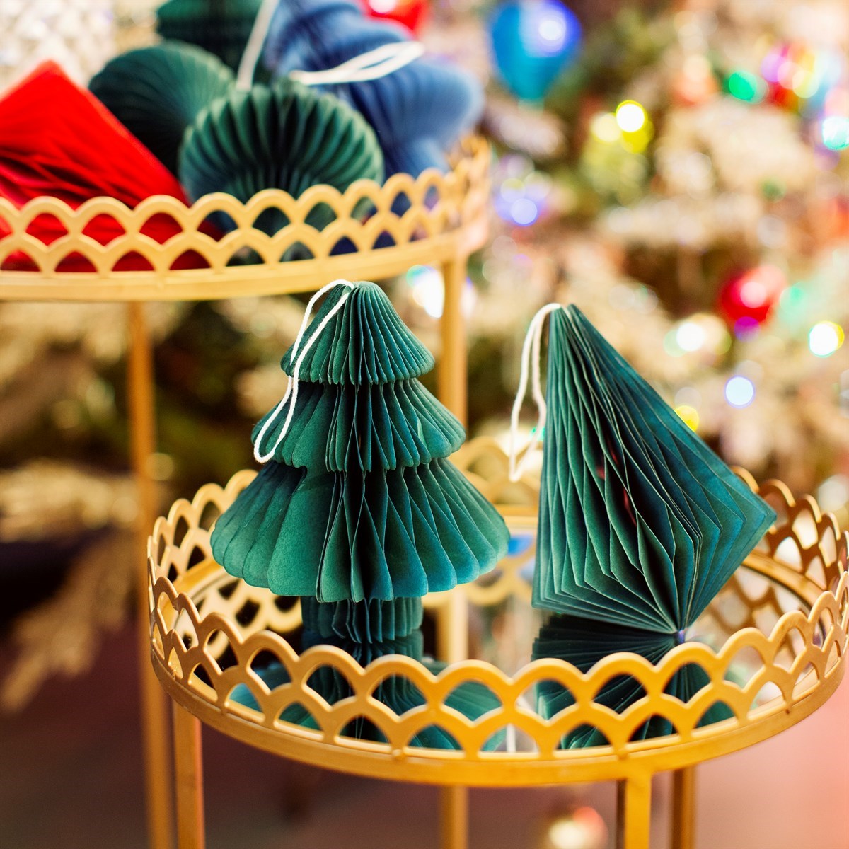 Forest Green Tree & Diamond Paper Honeycomb Hanging Decoration Assorted