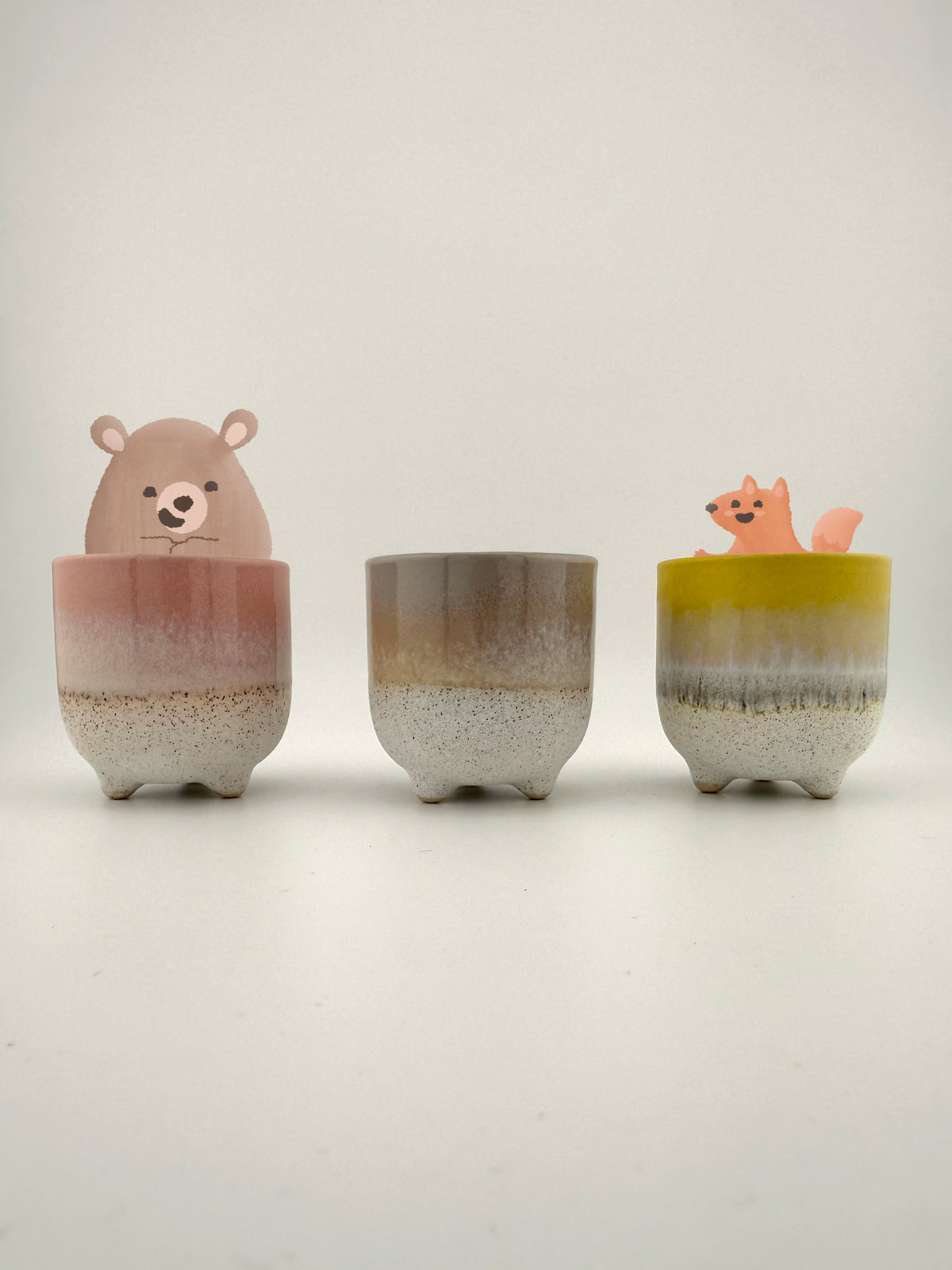 Mojave Glaze Grey Glaze Egg Cup with the Glimmers bear and fox
